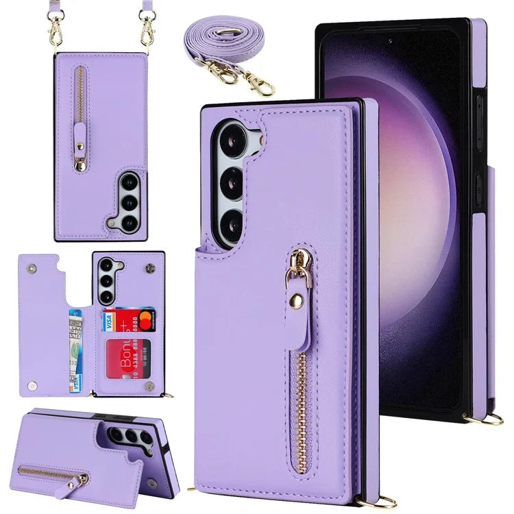 For Samsung Galaxy S24 Case Zipper Pocket RFID Blocking Cover with Shoulder Strap
