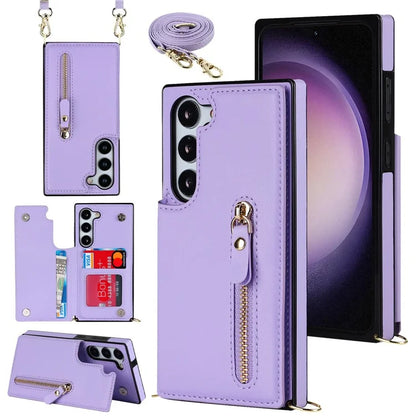 For Samsung Galaxy S24 Case Zipper Pocket RFID Blocking Cover with Shoulder Strap