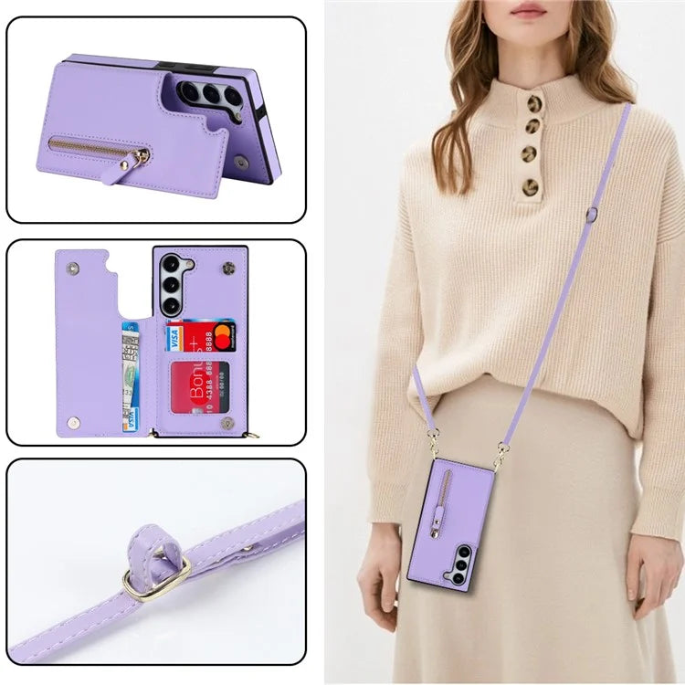 For Samsung Galaxy S24 Case Zipper Pocket RFID Blocking Cover with Shoulder Strap