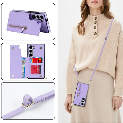 For Samsung Galaxy S24 Case Zipper Pocket RFID Blocking Cover with Shoulder Strap