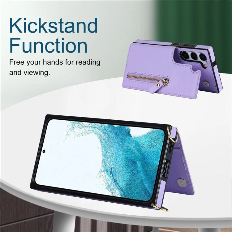 For Samsung Galaxy S24 Case Zipper Pocket RFID Blocking Cover with Shoulder Strap