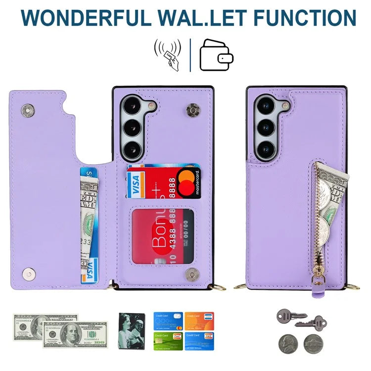 For Samsung Galaxy S24 Case Zipper Pocket RFID Blocking Cover with Shoulder Strap