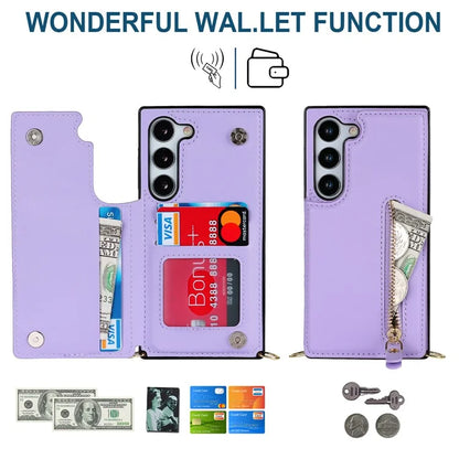For Samsung Galaxy S24 Case Zipper Pocket RFID Blocking Cover with Shoulder Strap