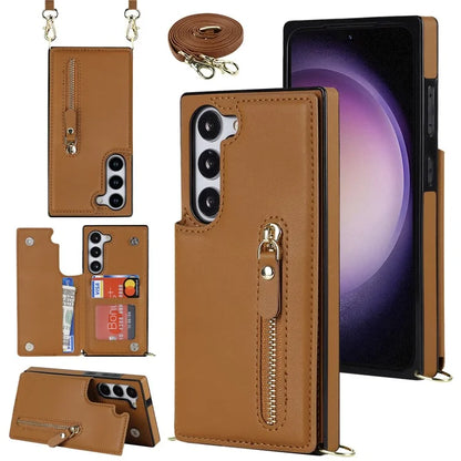 For Samsung Galaxy S24 Case Zipper Pocket RFID Blocking Cover with Shoulder Strap