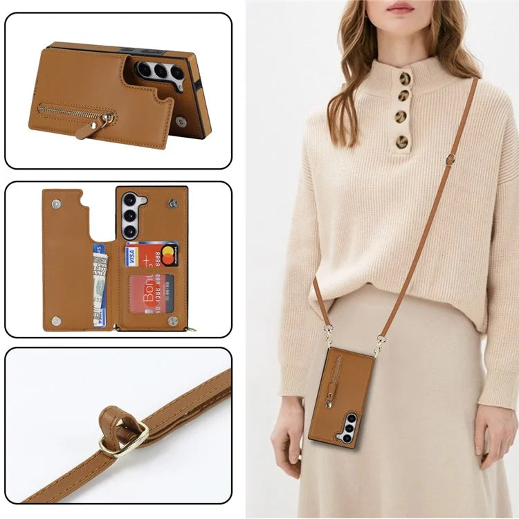 For Samsung Galaxy S24 Case Zipper Pocket RFID Blocking Cover with Shoulder Strap