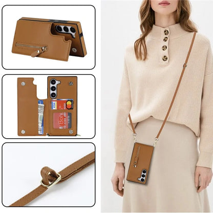 For Samsung Galaxy S24 Case Zipper Pocket RFID Blocking Cover with Shoulder Strap