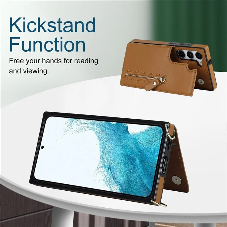 For Samsung Galaxy S24 Case Zipper Pocket RFID Blocking Cover with Shoulder Strap