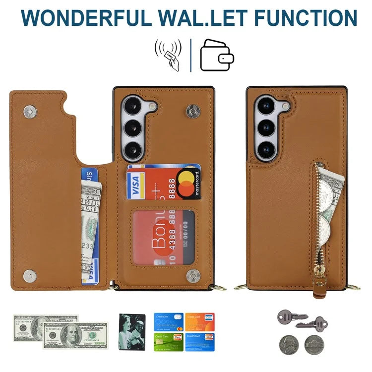 For Samsung Galaxy S24 Case Zipper Pocket RFID Blocking Cover with Shoulder Strap