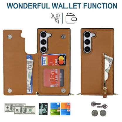 For Samsung Galaxy S24 Case Zipper Pocket RFID Blocking Cover with Shoulder Strap