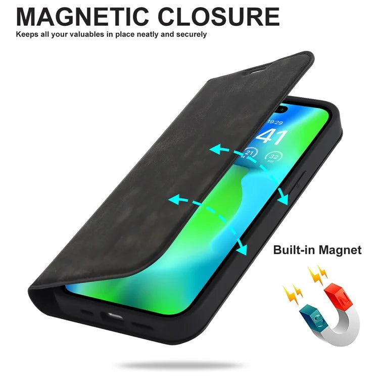 For iPhone 15 Pro Magnetic Case PU Leather Card Holder Cover with RFID Blocking