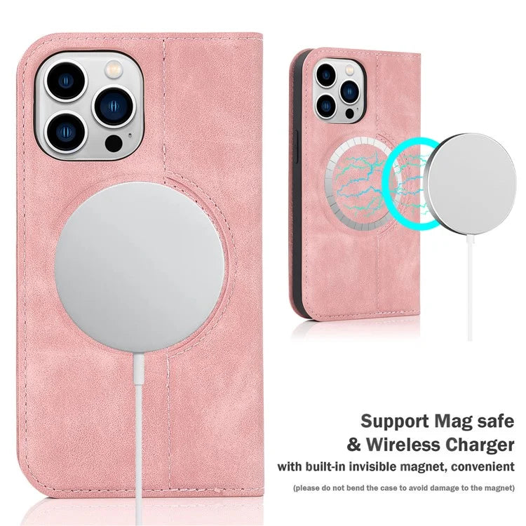 For iPhone 14 Pro Max Case PU Leather RFID Blocking Magnetic Auto-absorbed Cover