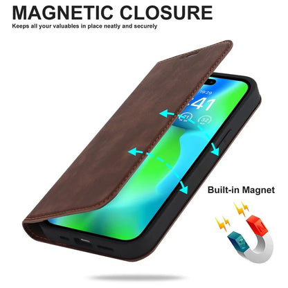 For iPhone 14 Pro Max Case PU Leather RFID Blocking Magnetic Auto-absorbed Cover