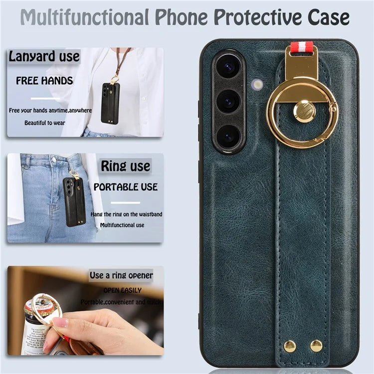 For 	Samsung Galaxy S24+ Case PU Leather+PC+TPU Wristband Kickstand Phone Cover