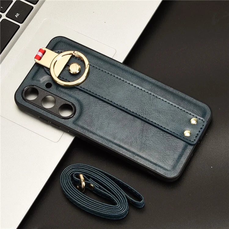 For 	Samsung Galaxy S24+ Case PU Leather+PC+TPU Wristband Kickstand Phone Cover