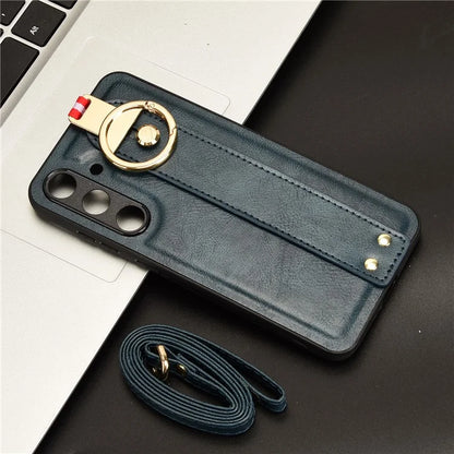 For 	Samsung Galaxy S24+ Case PU Leather+PC+TPU Wristband Kickstand Phone Cover