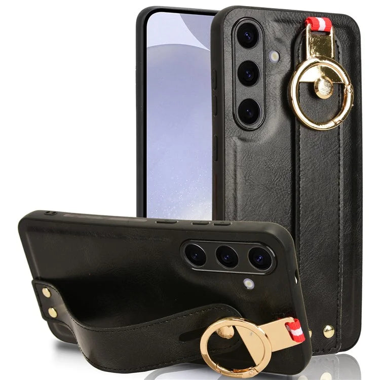 For 	Samsung Galaxy S24+ Case PU Leather+PC+TPU Wristband Kickstand Phone Cover