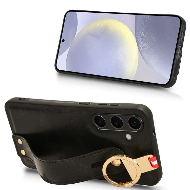 For 	Samsung Galaxy S24+ Case PU Leather+PC+TPU Wristband Kickstand Phone Cover