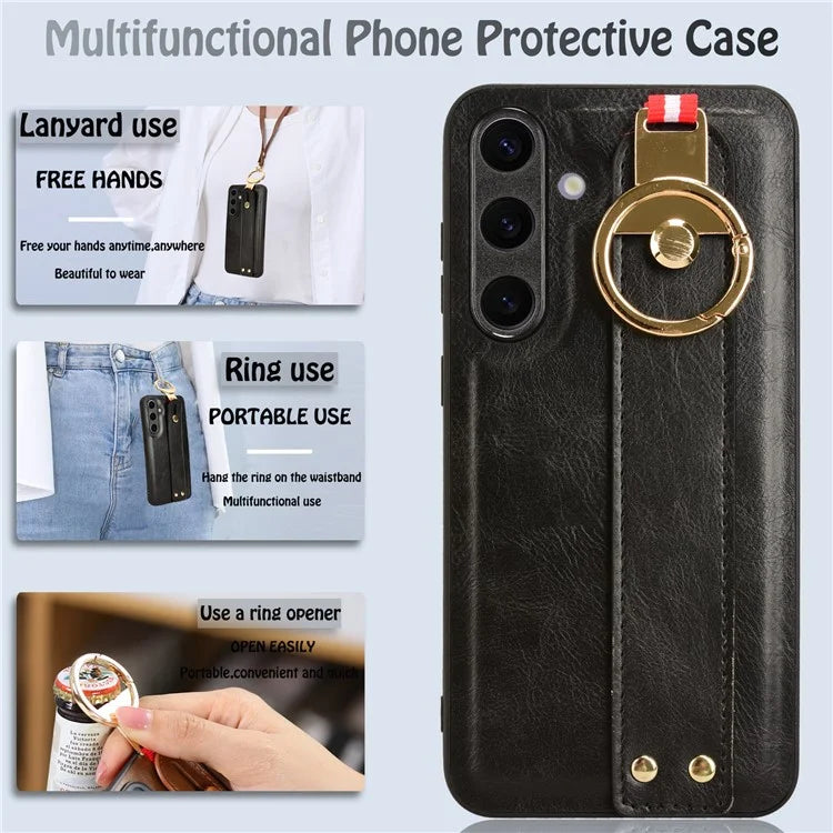 For 	Samsung Galaxy S24+ Case PU Leather+PC+TPU Wristband Kickstand Phone Cover