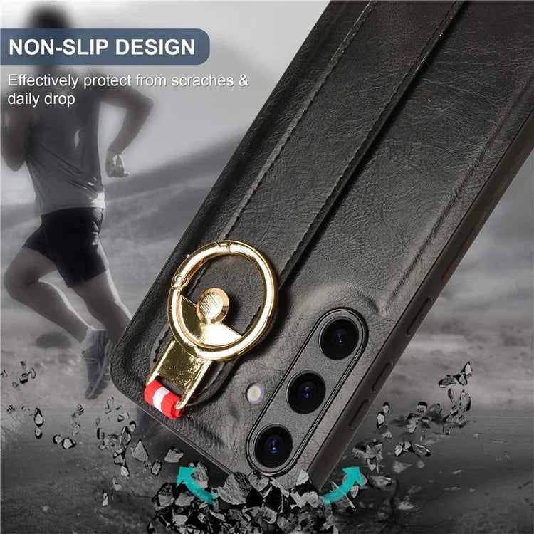 For 	Samsung Galaxy S24+ Case PU Leather+PC+TPU Wristband Kickstand Phone Cover
