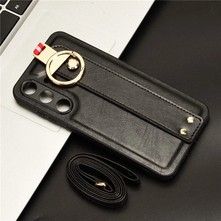 For 	Samsung Galaxy S24+ Case PU Leather+PC+TPU Wristband Kickstand Phone Cover