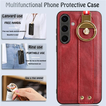 For 	Samsung Galaxy S24+ Case PU Leather+PC+TPU Wristband Kickstand Phone Cover