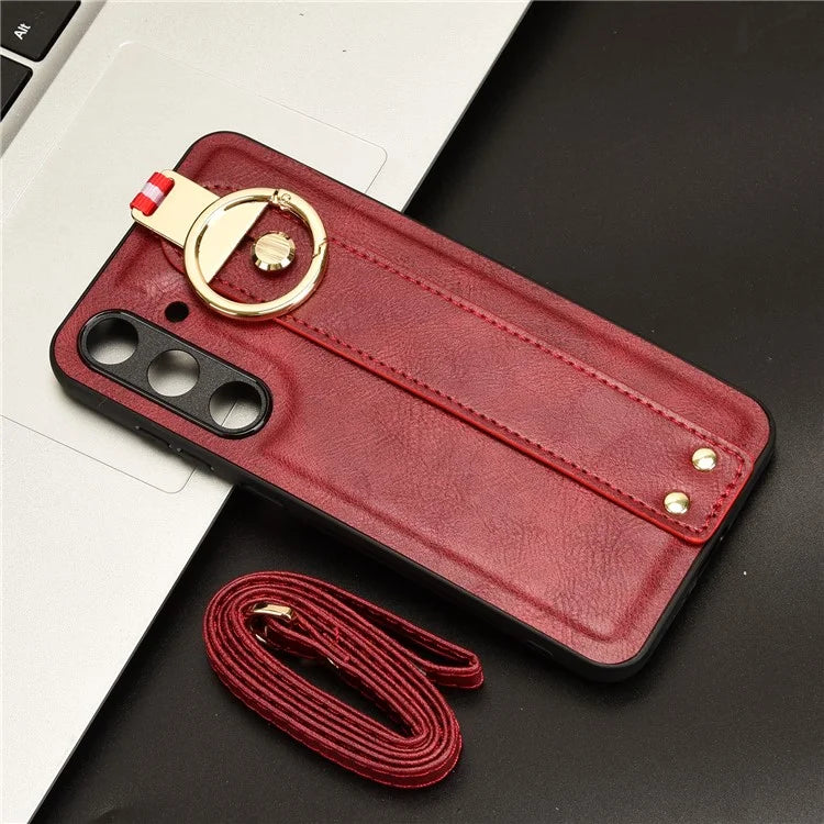 For 	Samsung Galaxy S24+ Case PU Leather+PC+TPU Wristband Kickstand Phone Cover