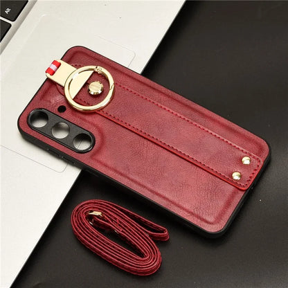 For 	Samsung Galaxy S24+ Case PU Leather+PC+TPU Wristband Kickstand Phone Cover
