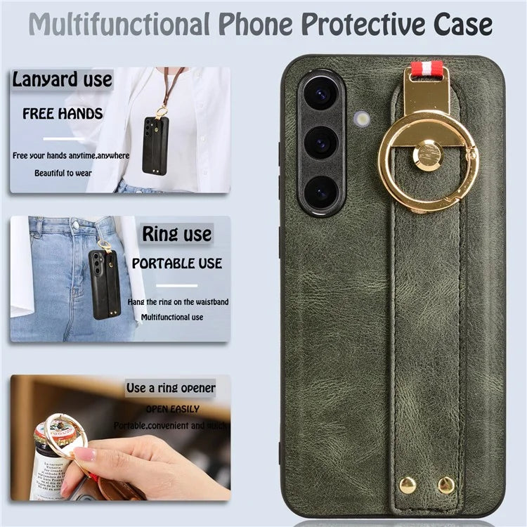 For 	Samsung Galaxy S24+ Case PU Leather+PC+TPU Wristband Kickstand Phone Cover