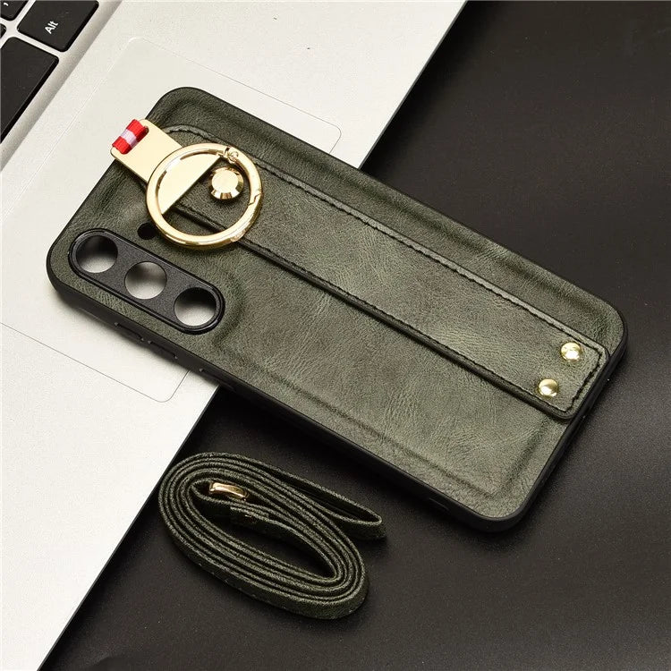 For 	Samsung Galaxy S24+ Case PU Leather+PC+TPU Wristband Kickstand Phone Cover