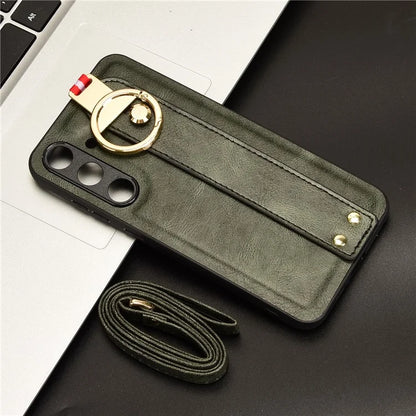 For 	Samsung Galaxy S24+ Case PU Leather+PC+TPU Wristband Kickstand Phone Cover