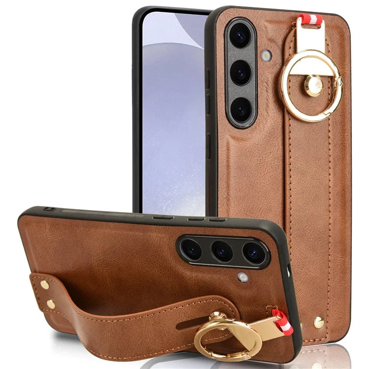 For 	Samsung Galaxy S24+ Case PU Leather+PC+TPU Wristband Kickstand Phone Cover