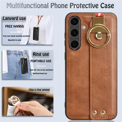 For 	Samsung Galaxy S24+ Case PU Leather+PC+TPU Wristband Kickstand Phone Cover