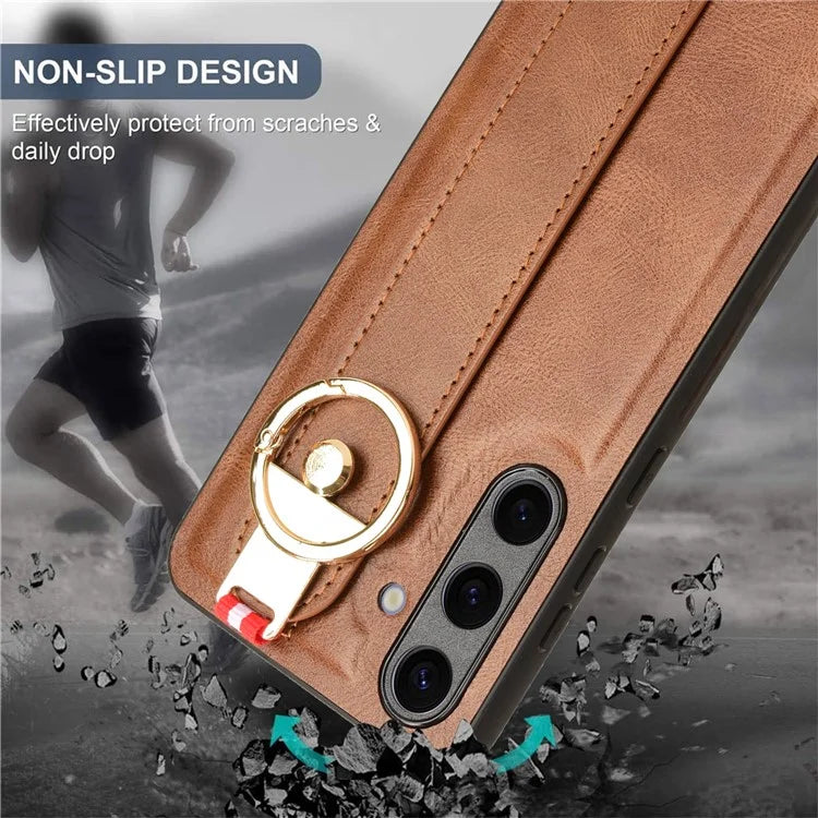 For 	Samsung Galaxy S24+ Case PU Leather+PC+TPU Wristband Kickstand Phone Cover