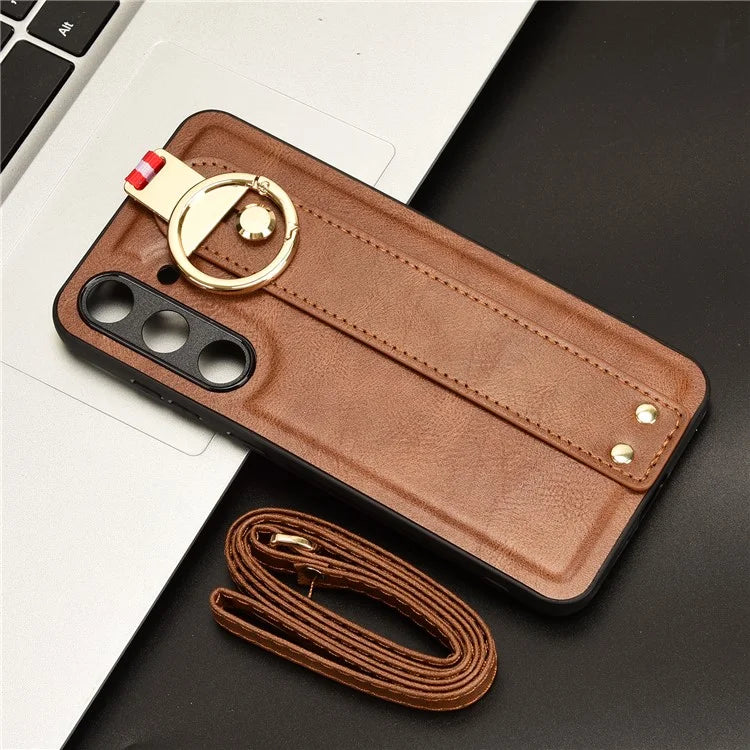 For 	Samsung Galaxy S24+ Case PU Leather+PC+TPU Wristband Kickstand Phone Cover