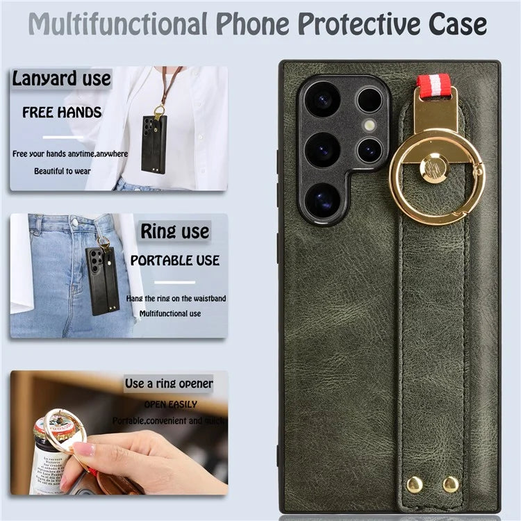 For Samsung Galaxy S24 Ultra Case Slim-Fit PU Leather+PC+TPU Back Shell with Neck Strap