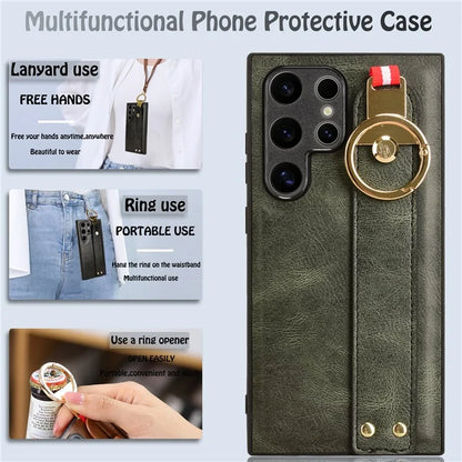 For Samsung Galaxy S24 Ultra Case Slim-Fit PU Leather+PC+TPU Back Shell with Neck Strap