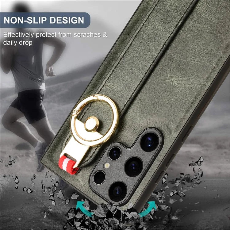 For Samsung Galaxy S24 Ultra Case Slim-Fit PU Leather+PC+TPU Back Shell with Neck Strap