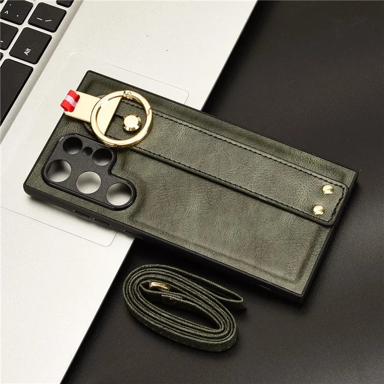 For Samsung Galaxy S24 Ultra Case Slim-Fit PU Leather+PC+TPU Back Shell with Neck Strap