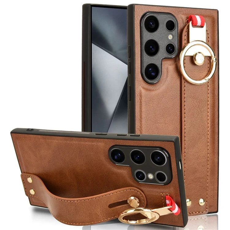 For Samsung Galaxy S24 Ultra Case Slim-Fit PU Leather+PC+TPU Back Shell with Neck Strap