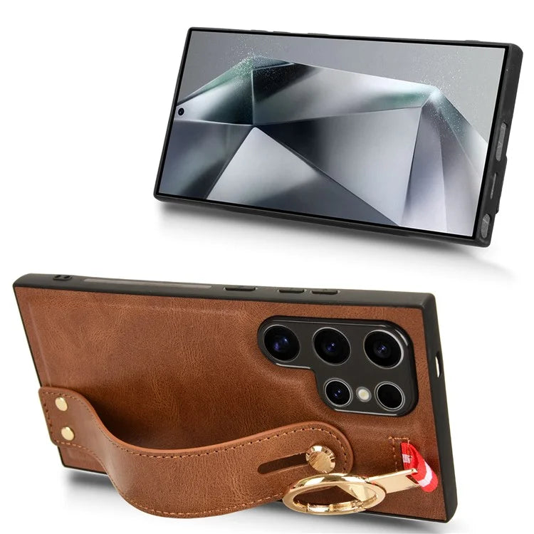 For Samsung Galaxy S24 Ultra Case Slim-Fit PU Leather+PC+TPU Back Shell with Neck Strap