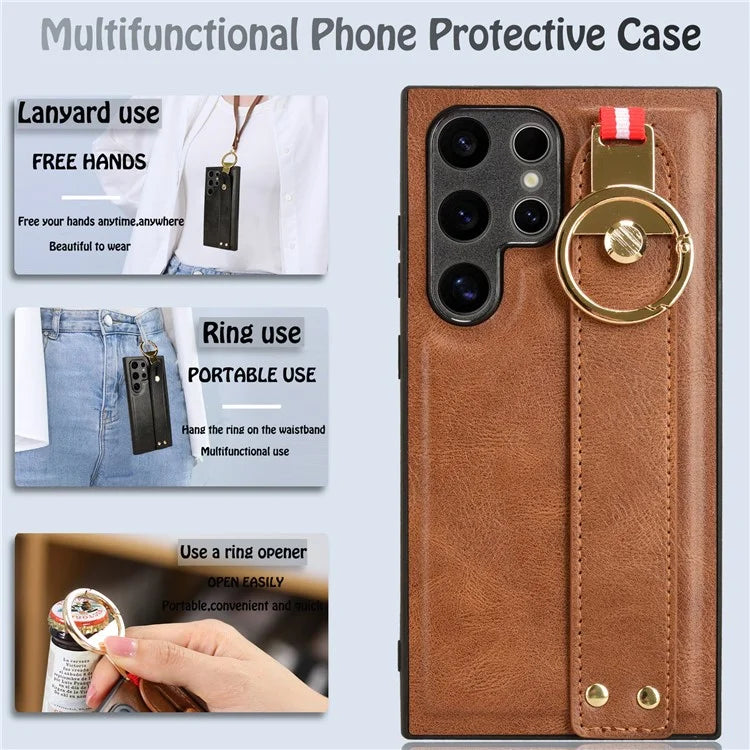 For Samsung Galaxy S24 Ultra Case Slim-Fit PU Leather+PC+TPU Back Shell with Neck Strap