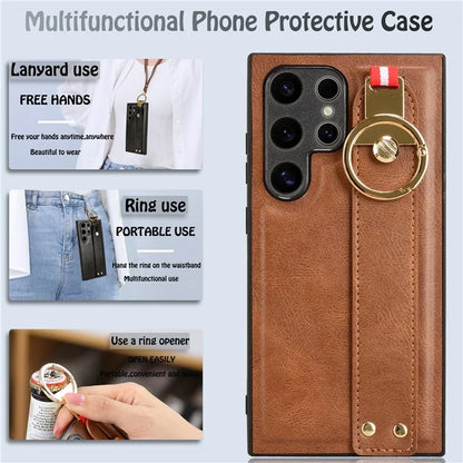 For Samsung Galaxy S24 Ultra Case Slim-Fit PU Leather+PC+TPU Back Shell with Neck Strap
