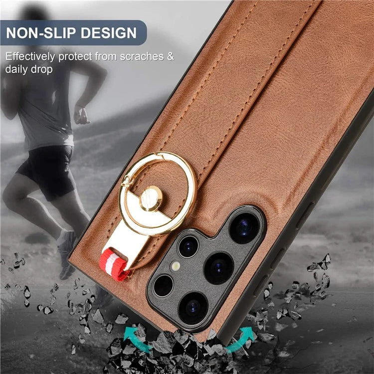 For Samsung Galaxy S24 Ultra Case Slim-Fit PU Leather+PC+TPU Back Shell with Neck Strap