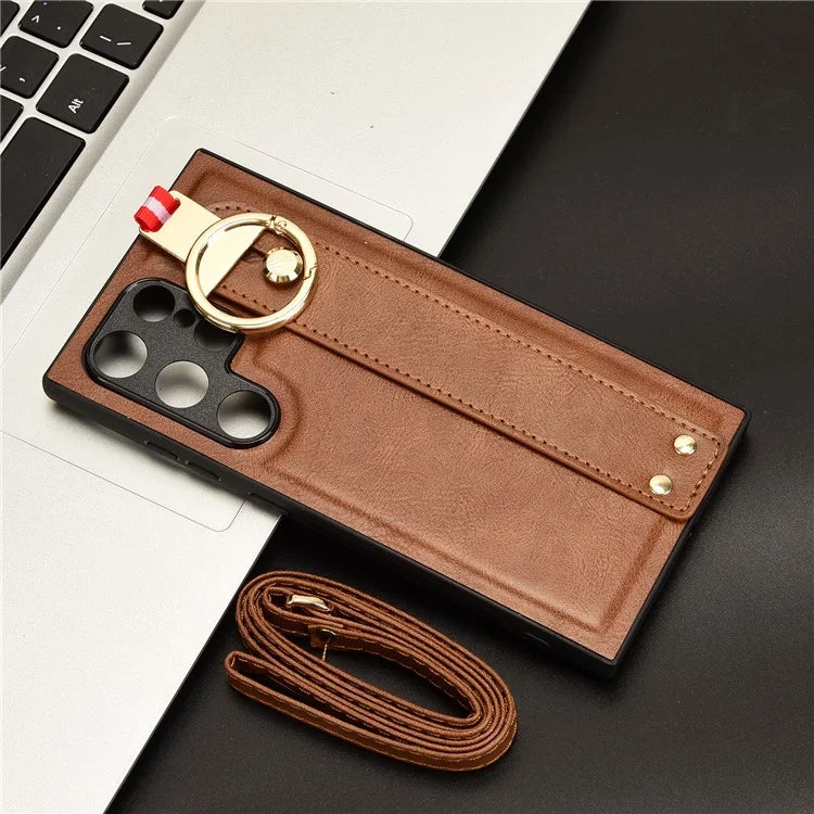 For Samsung Galaxy S24 Ultra Case Slim-Fit PU Leather+PC+TPU Back Shell with Neck Strap