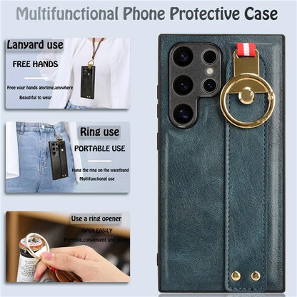 For Samsung Galaxy S24 Ultra Case Slim-Fit PU Leather+PC+TPU Back Shell with Neck Strap