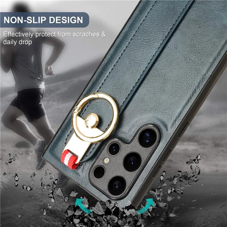 For Samsung Galaxy S24 Ultra Case Slim-Fit PU Leather+PC+TPU Back Shell with Neck Strap