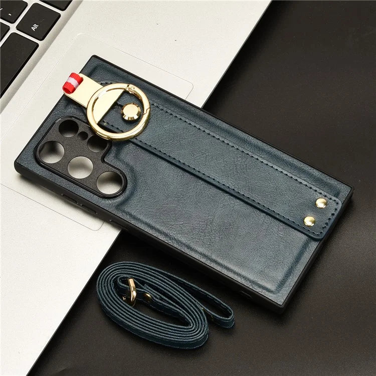 For Samsung Galaxy S24 Ultra Case Slim-Fit PU Leather+PC+TPU Back Shell with Neck Strap