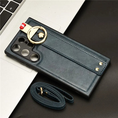 For Samsung Galaxy S24 Ultra Case Slim-Fit PU Leather+PC+TPU Back Shell with Neck Strap