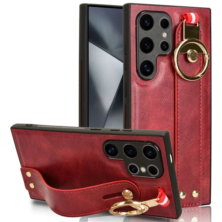 For Samsung Galaxy S24 Ultra Case Slim-Fit PU Leather+PC+TPU Back Shell with Neck Strap