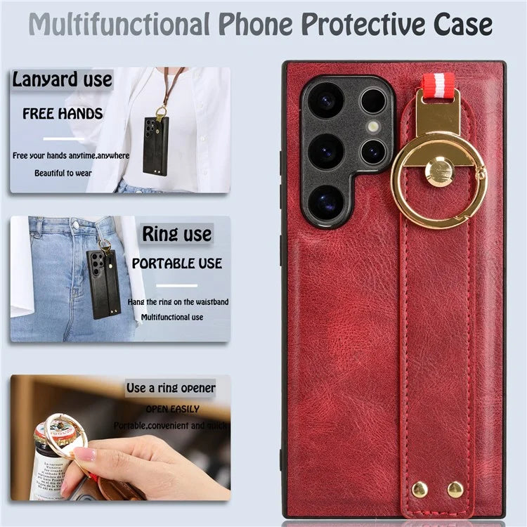 For Samsung Galaxy S24 Ultra Case Slim-Fit PU Leather+PC+TPU Back Shell with Neck Strap